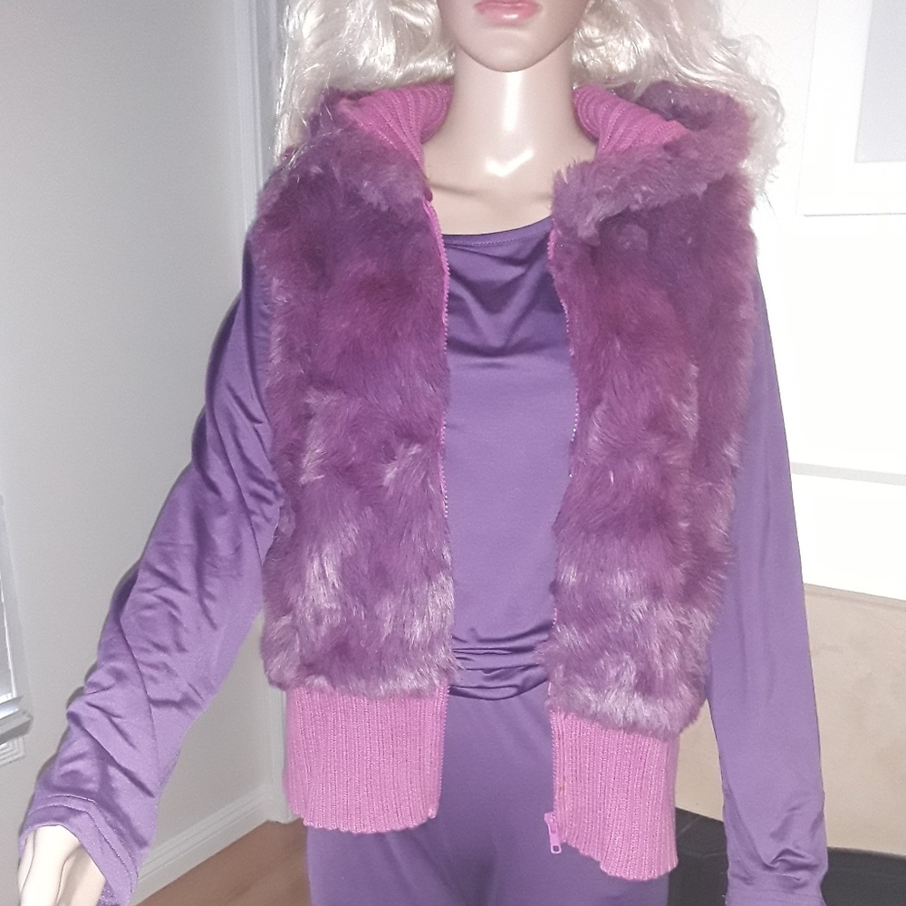 3-Pc Acai Purple & Pink Yoga Set & Faux Fur Vest L